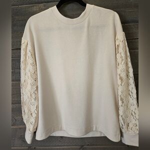 Banana Republic Crew Neck Sweater with Lace Sleeves - White - Size Small